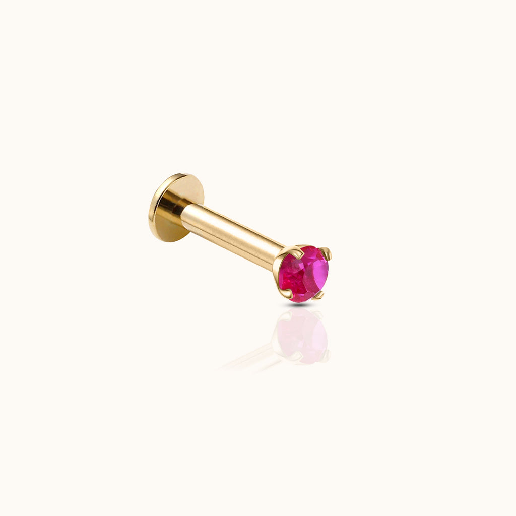 14K Solid Gold 2mm Ruby CZ Threadless Labret Flat Back Earring