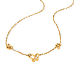 Ins Thin Chain Gold Plated Stainless Steel Three Butterfly Shape Hollow Zircon Necklace