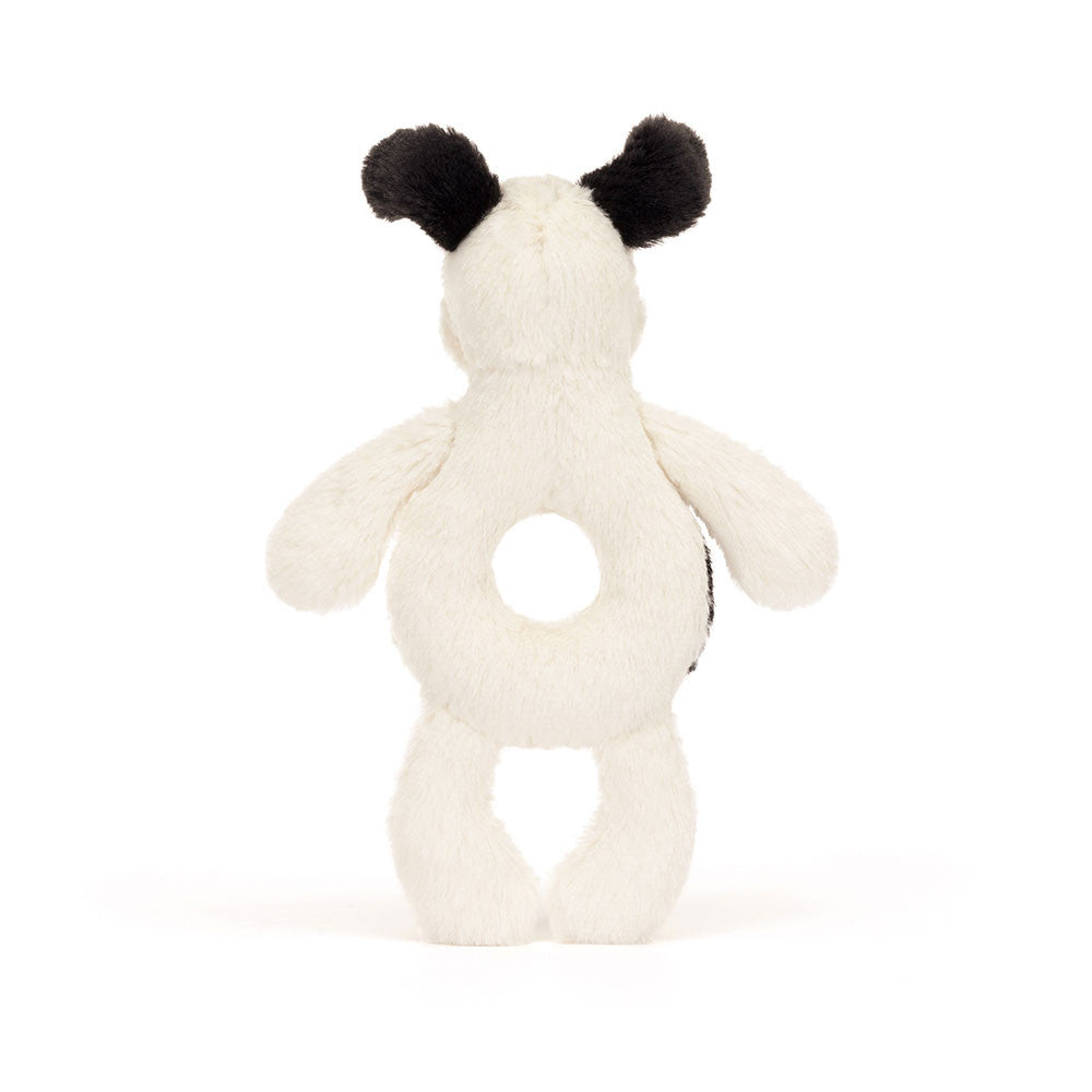 Bashful Black & Cream Puppy Ring Rattle - Soft Baby Rattle | Wobblepaws