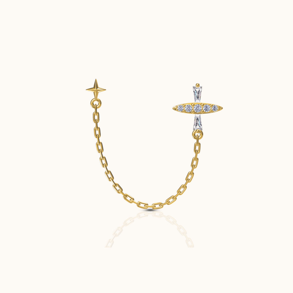 Celestial Star and Trapezoid CZ Cross Double Stud Chain Dangle Earring