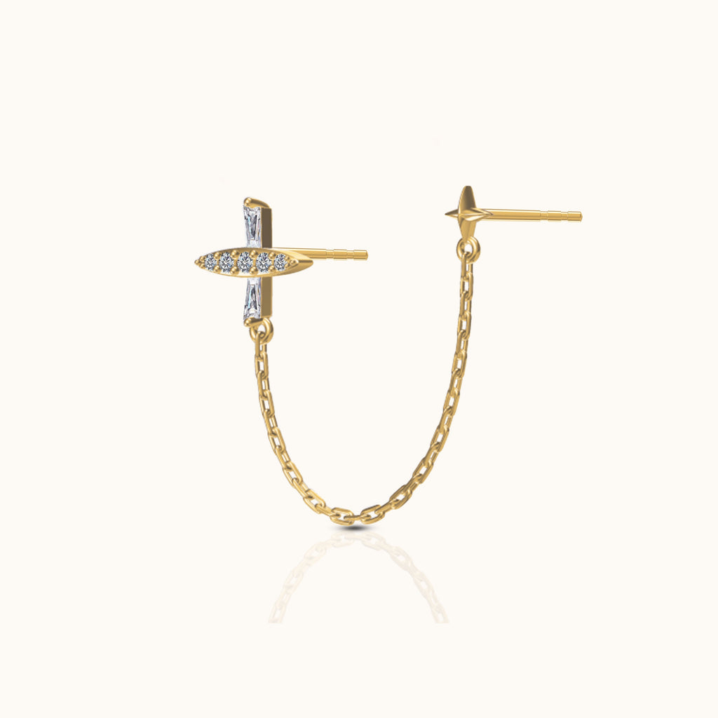 Celestial Star and Trapezoid CZ Cross Double Stud Chain Dangle Earring