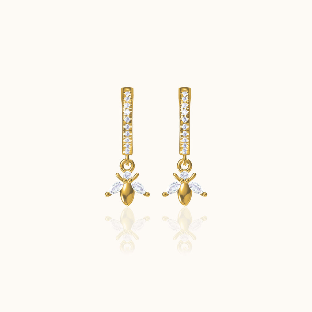Dainty Bee Hoop Earrings with White Stone