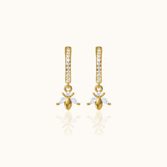 Dainty Bee Hoop Earrings with White Stone