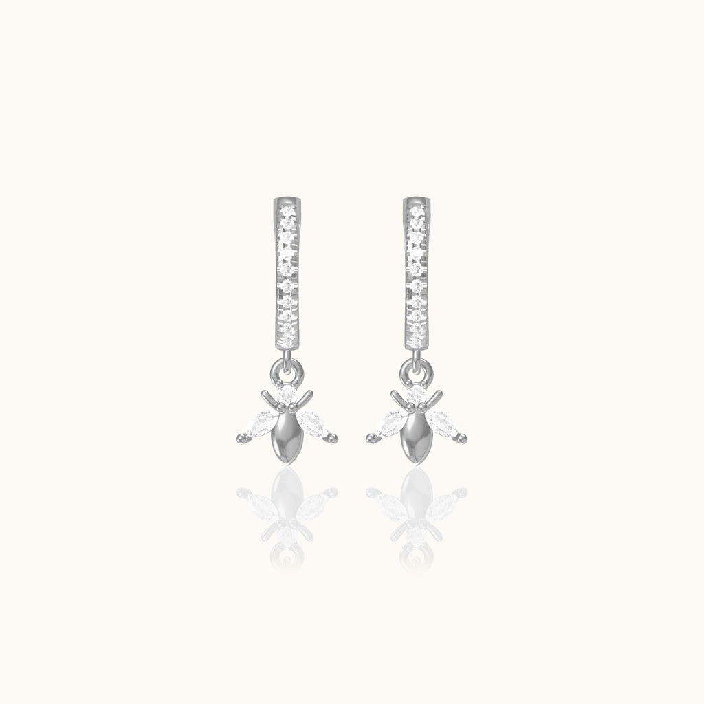 Dainty Bee Hoop Earrings with White Stone