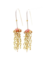 Mini Red Copper Jellyfish Earrings with White Pearls and Hypoallergenic Niobium Earwires