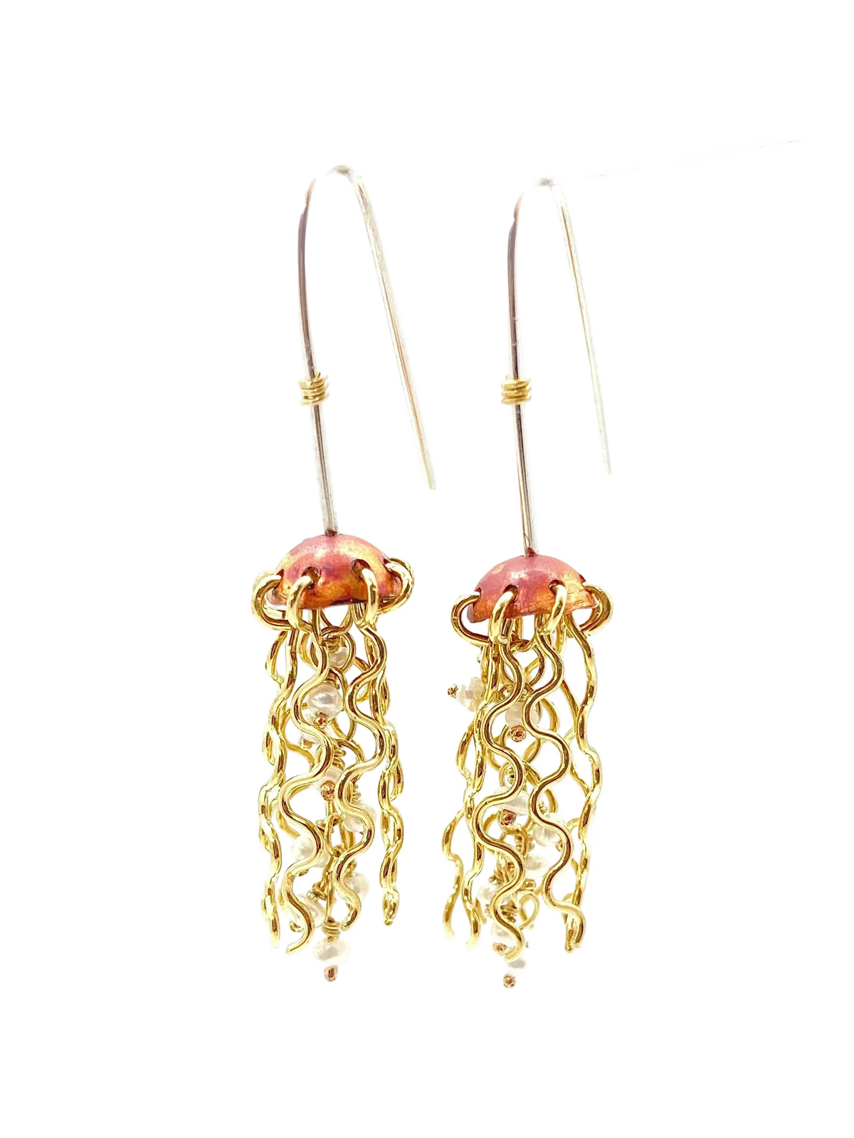 Mini Red Copper Jellyfish Earrings with White Pearls and Hypoallergenic Niobium Earwires