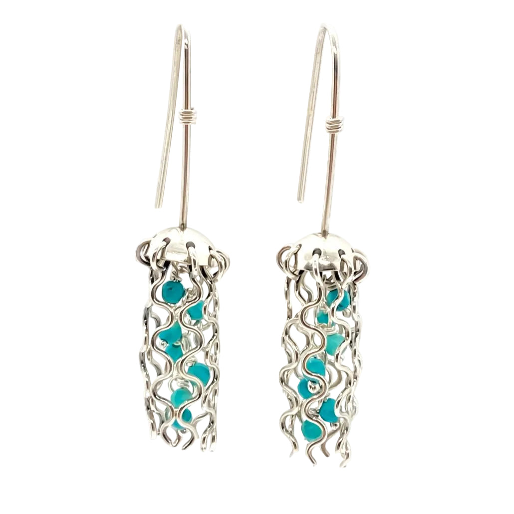 Mini Jellyfish Earrings in Sterling Silver with Turquoise Beads and Hypoallergenic Niobium Earwires