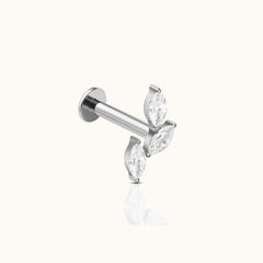 Oval CZ Leaves Branch Threadless Labret Titanium Flat Back Earring