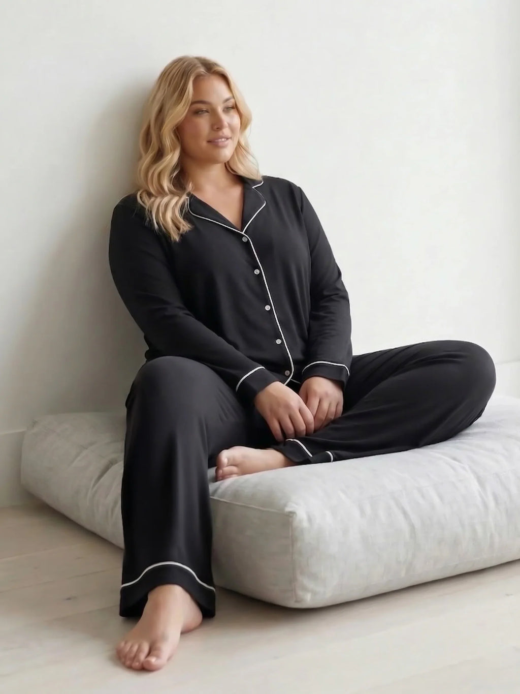 Black Oversized Jersey Piping Detail Long PJ Set
