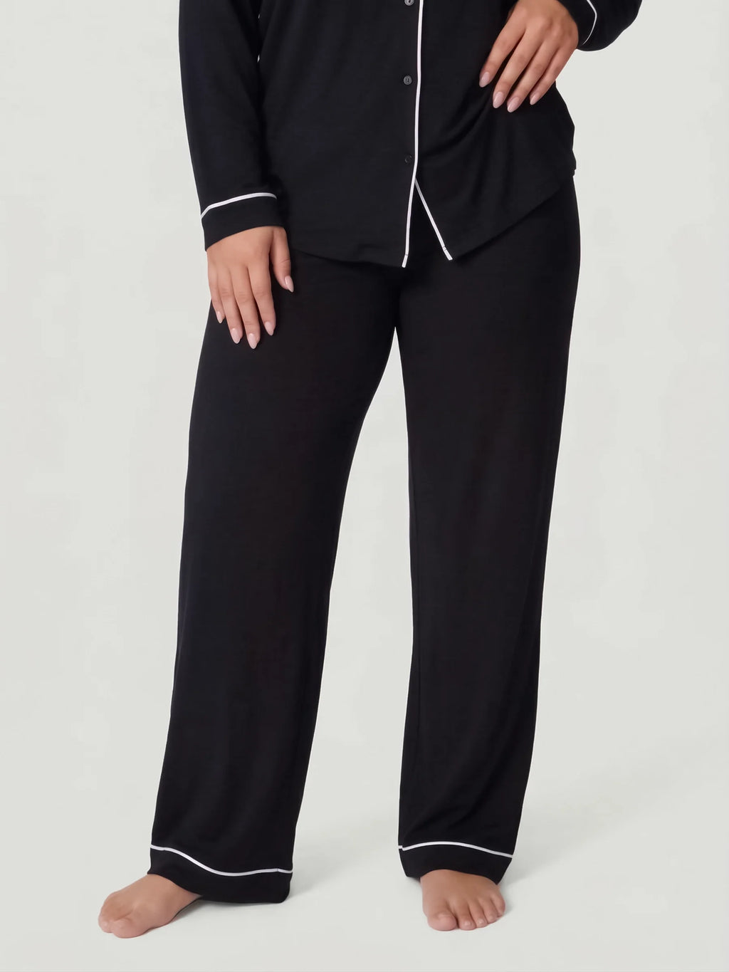 Black Oversized Jersey Piping Detail Long PJ Set
