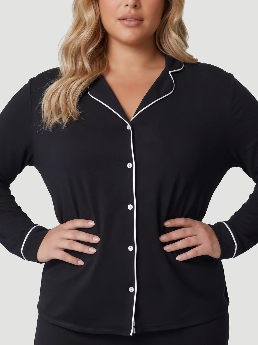 Black Oversized Jersey Piping Detail Long PJ Set
