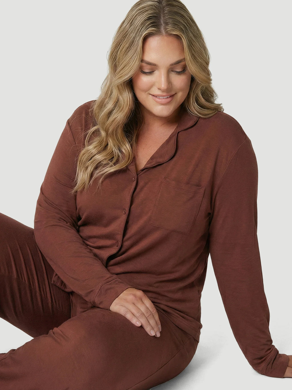Brown Oversized Jersey Pocket Detail Long PJ Set