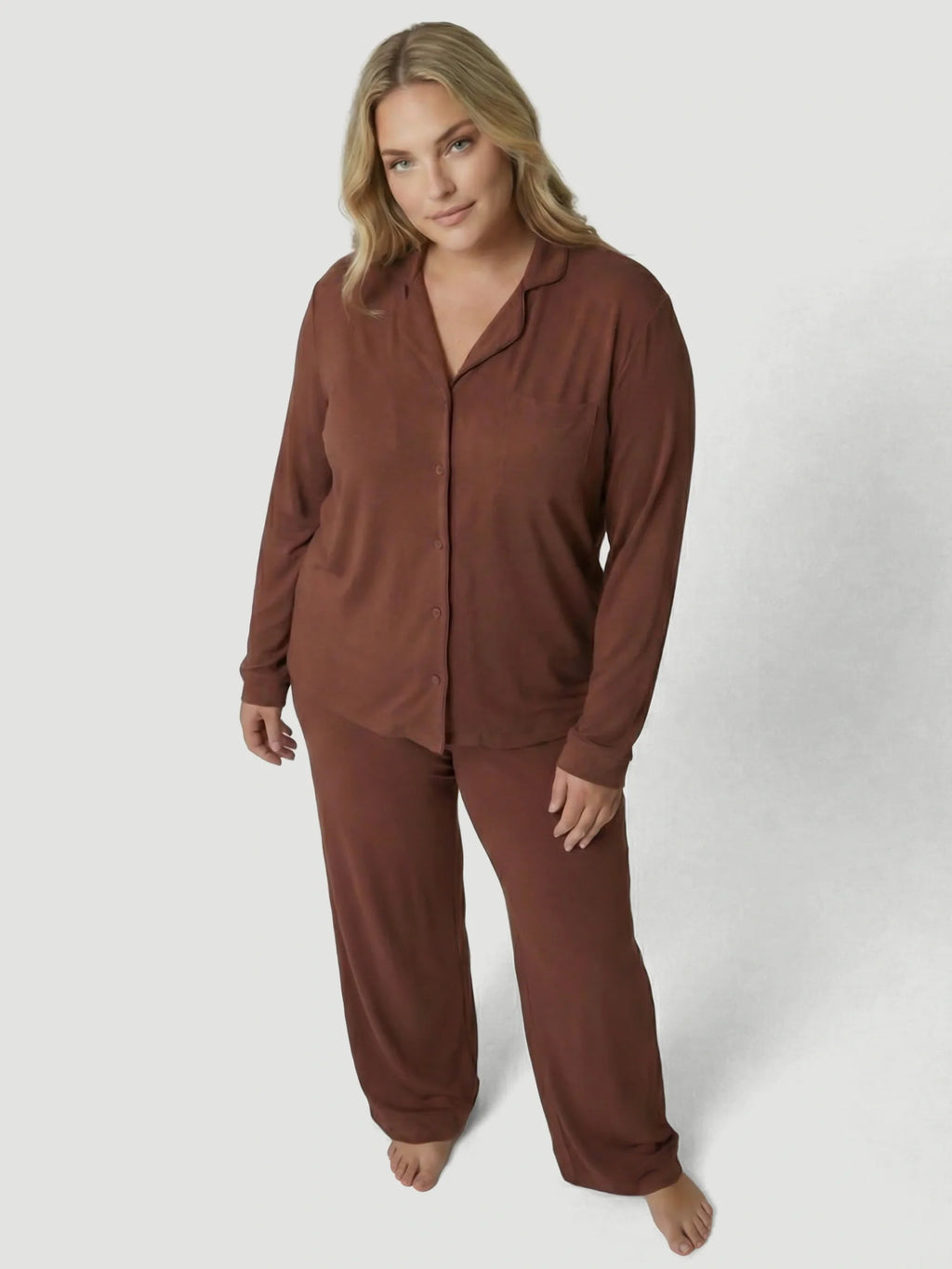 Brown Oversized Jersey Pocket Detail Long PJ Set