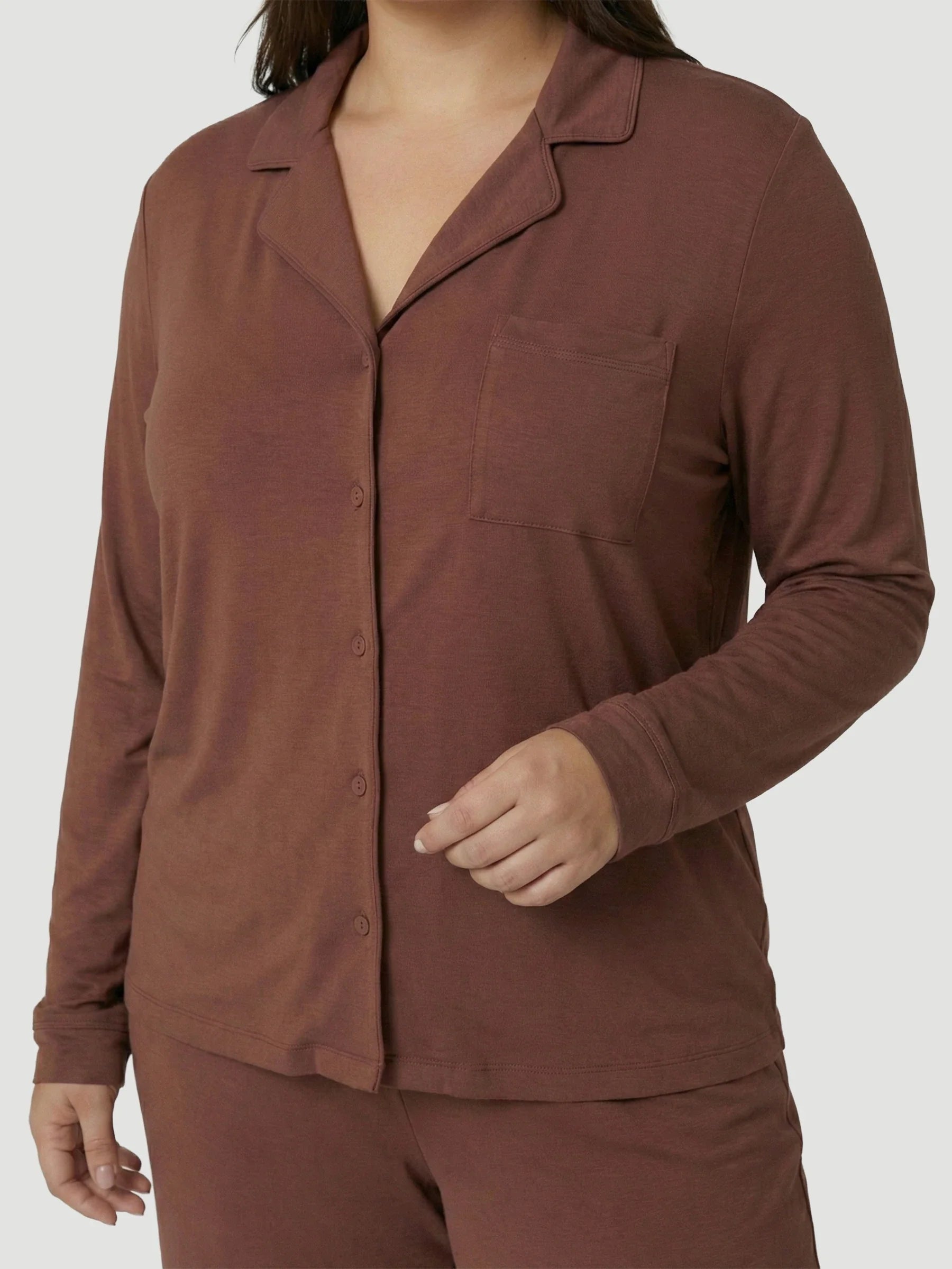 Brown Oversized Jersey Pocket Detail Long PJ Set
