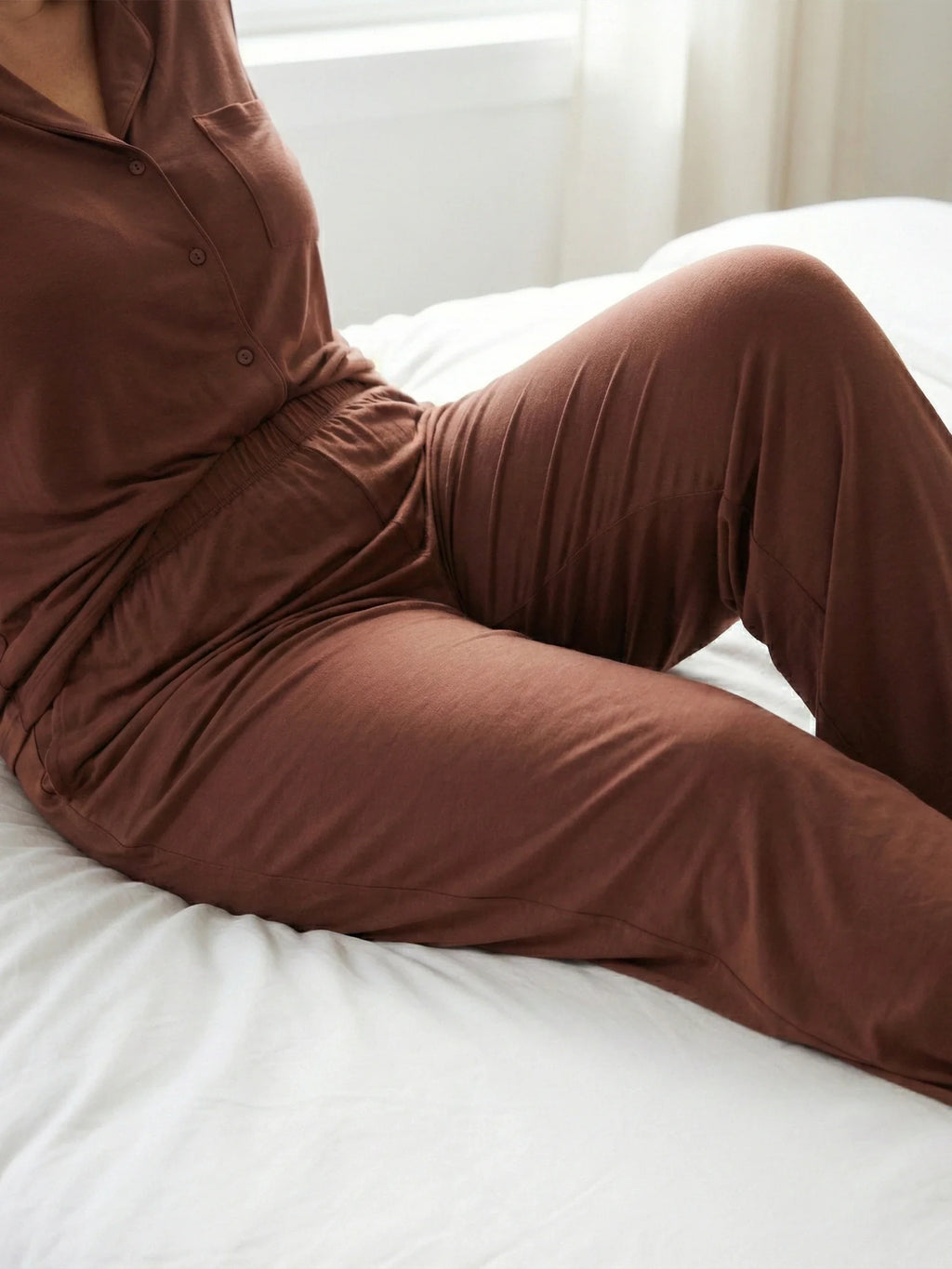 Brown Oversized Jersey Pocket Detail Long PJ Set