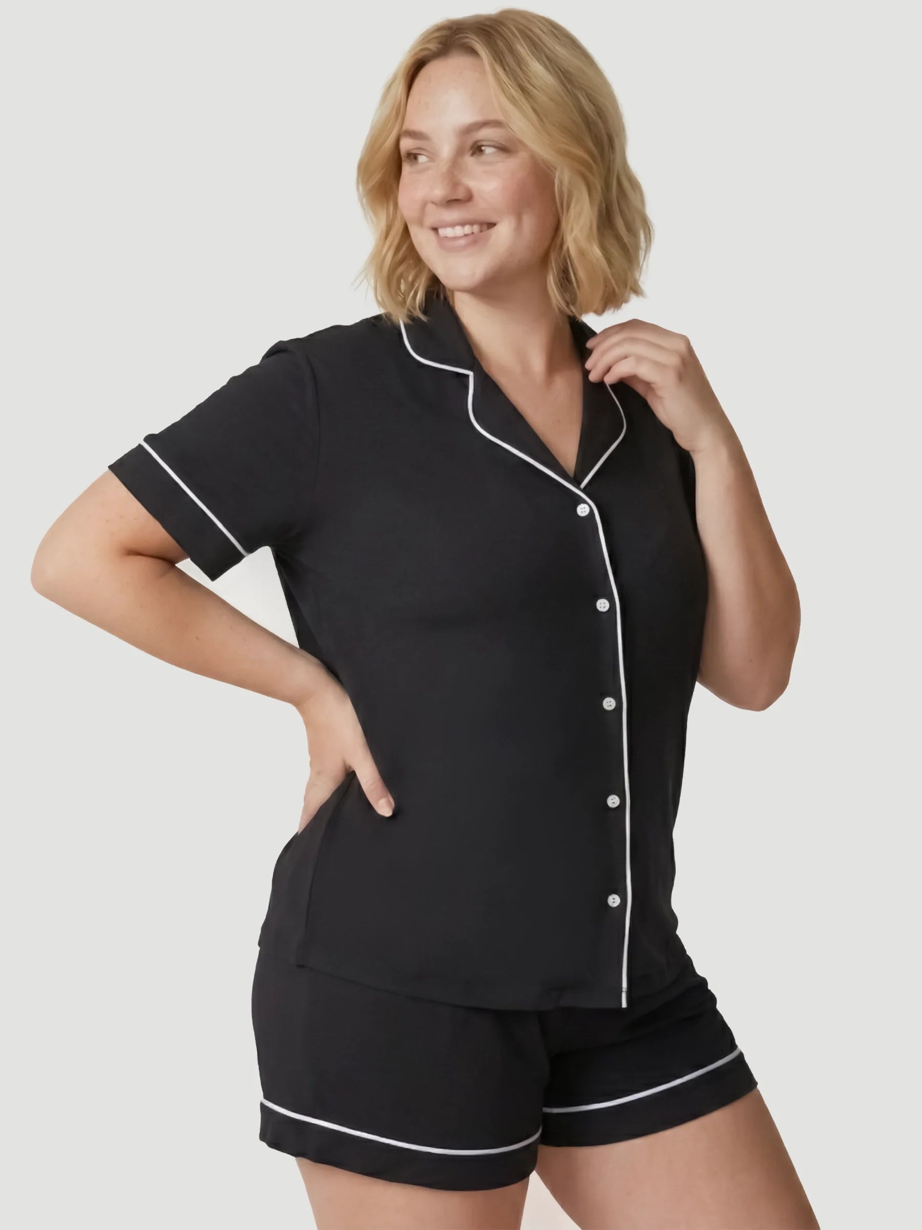 Black Oversized Jersey Piping Detail Short PJ Set