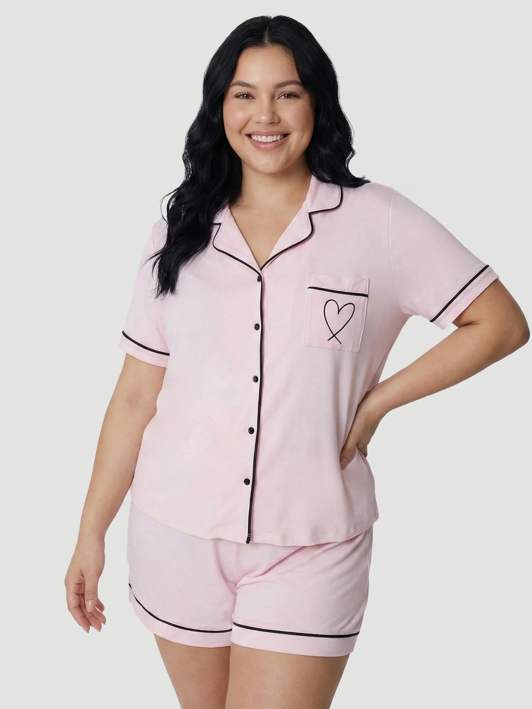 Pink Oversized Jersey Black Piping Detail Short PJ Set