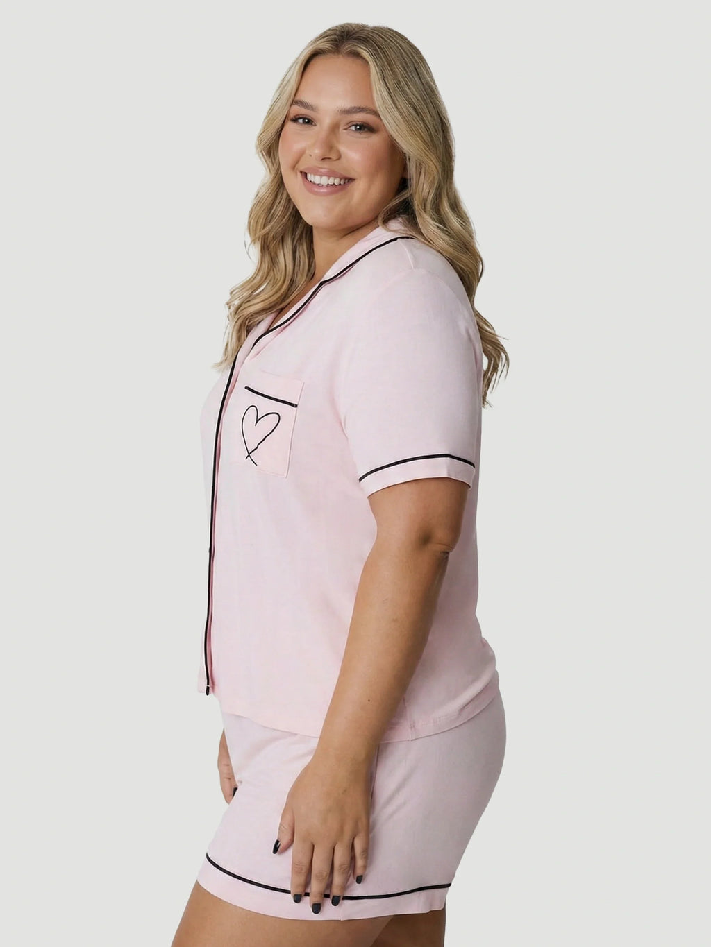 Pink Oversized Jersey Black Piping Detail Short PJ Set