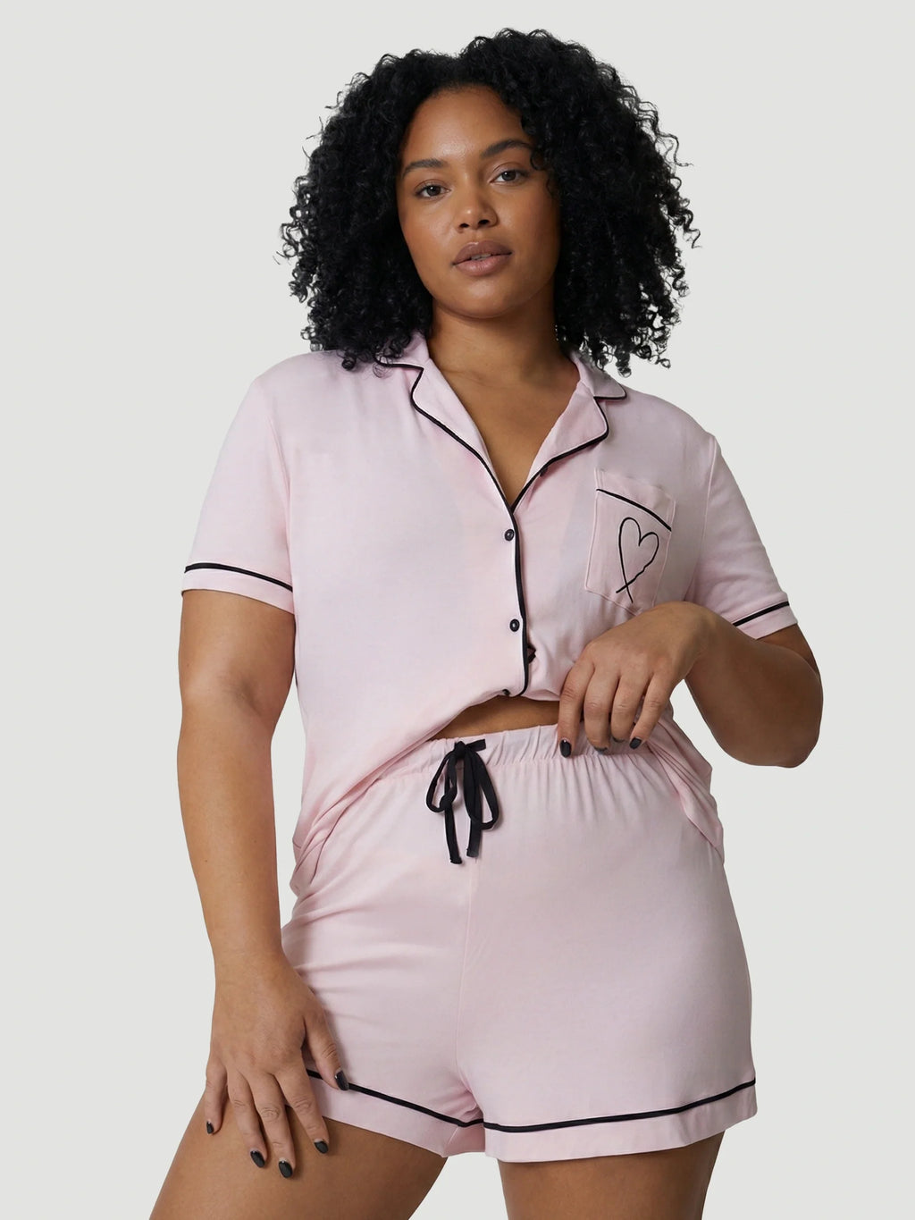 Pink Oversized Jersey Black Piping Detail Short PJ Set