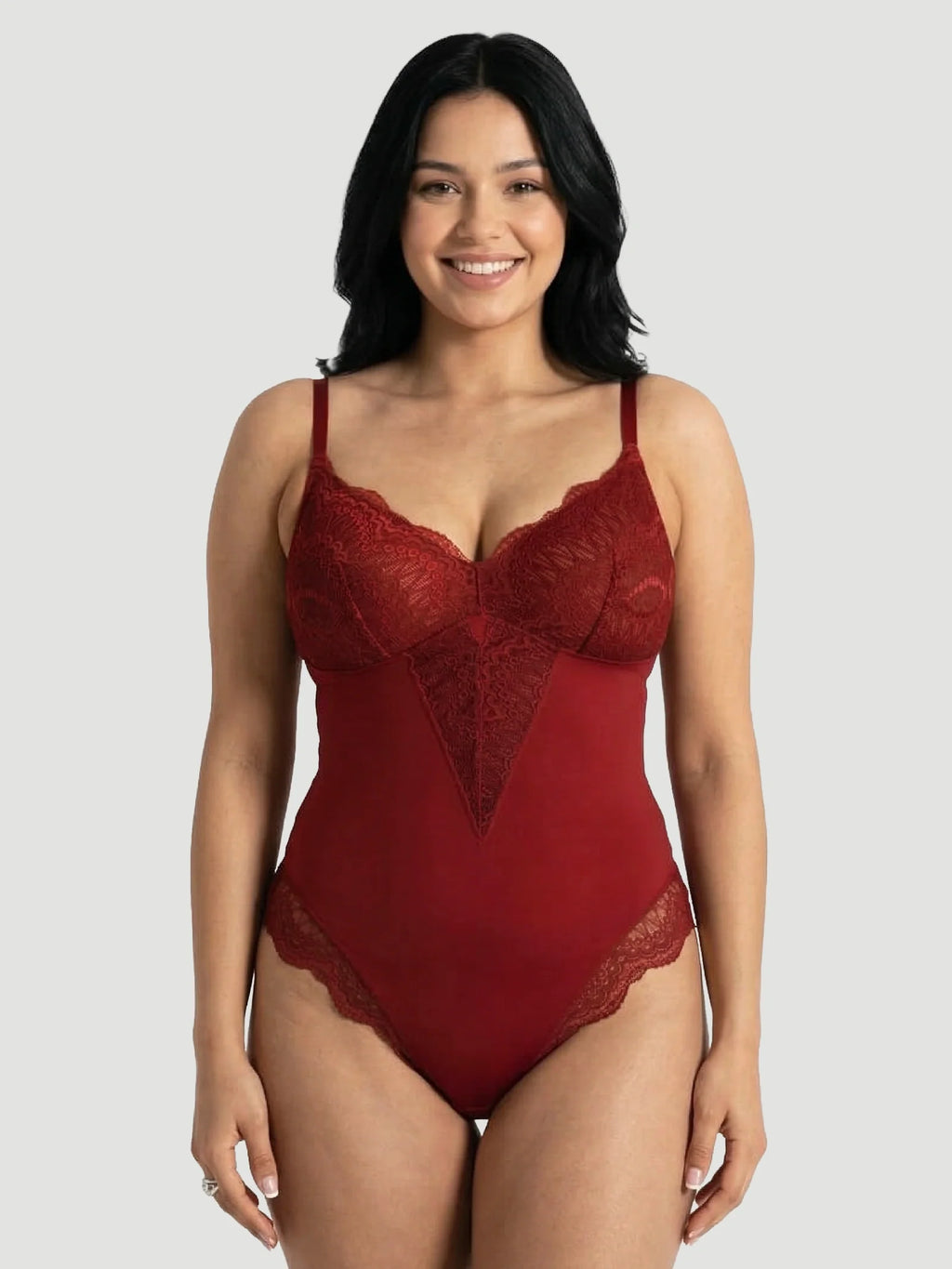 Plunging Lace Bodysuit Shaping Thong