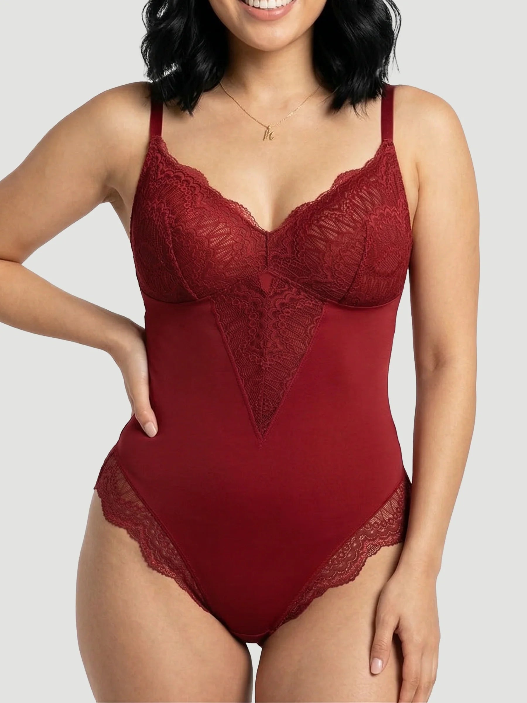 Plunging Lace Bodysuit Shaping Thong