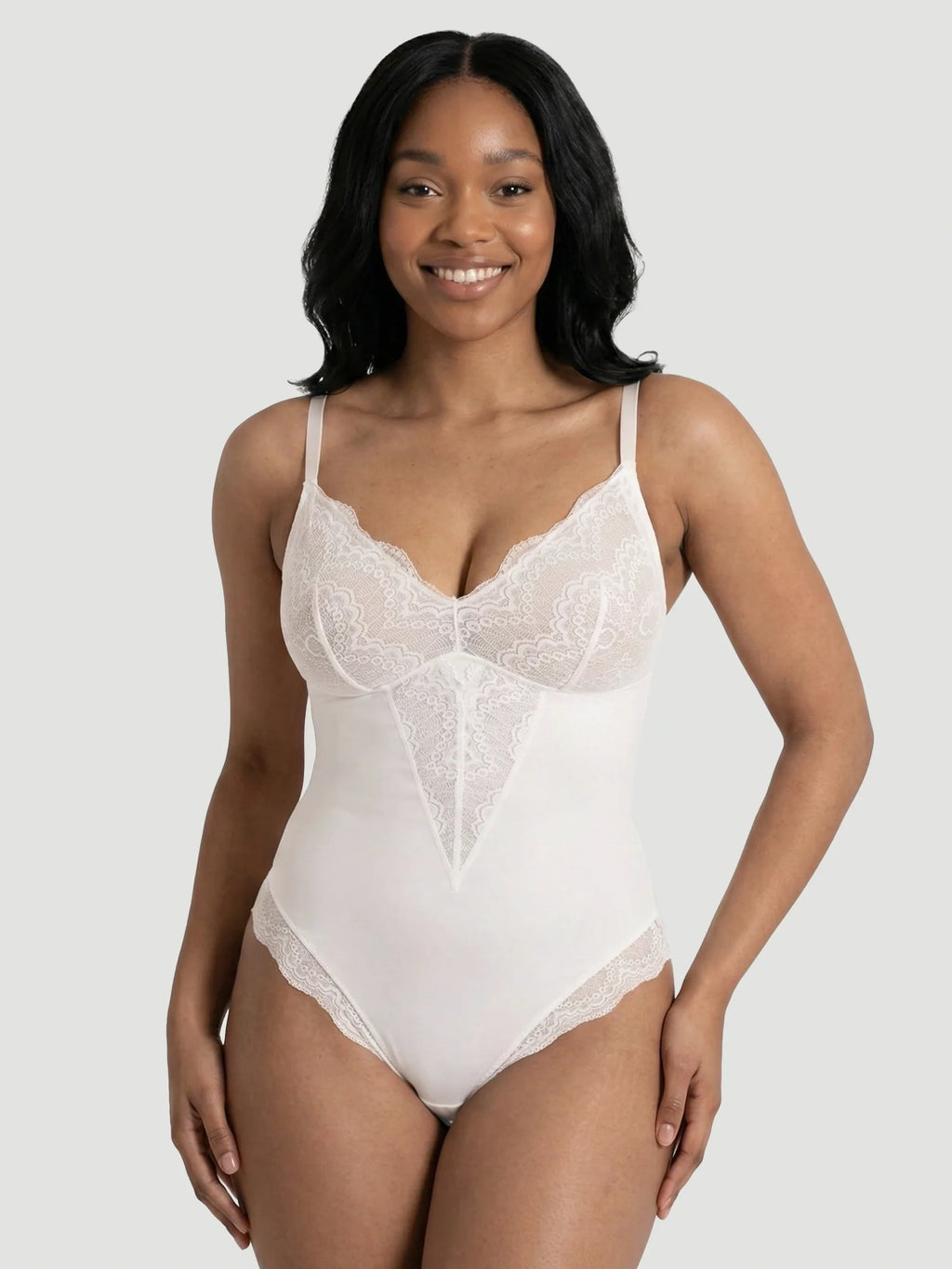 Plunging Lace Bodysuit Shaping Thong