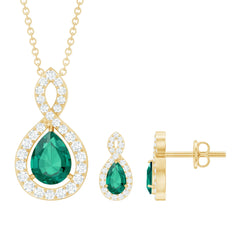 Pear Shaped Lab Created Emerald and Diamond Infinity Jewelry Set