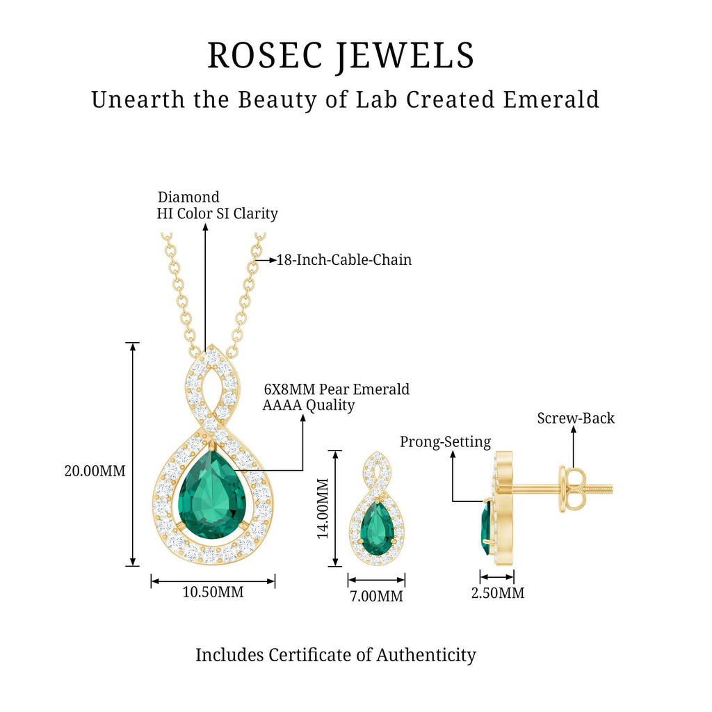 Pear Shaped Lab Created Emerald and Diamond Infinity Jewelry Set