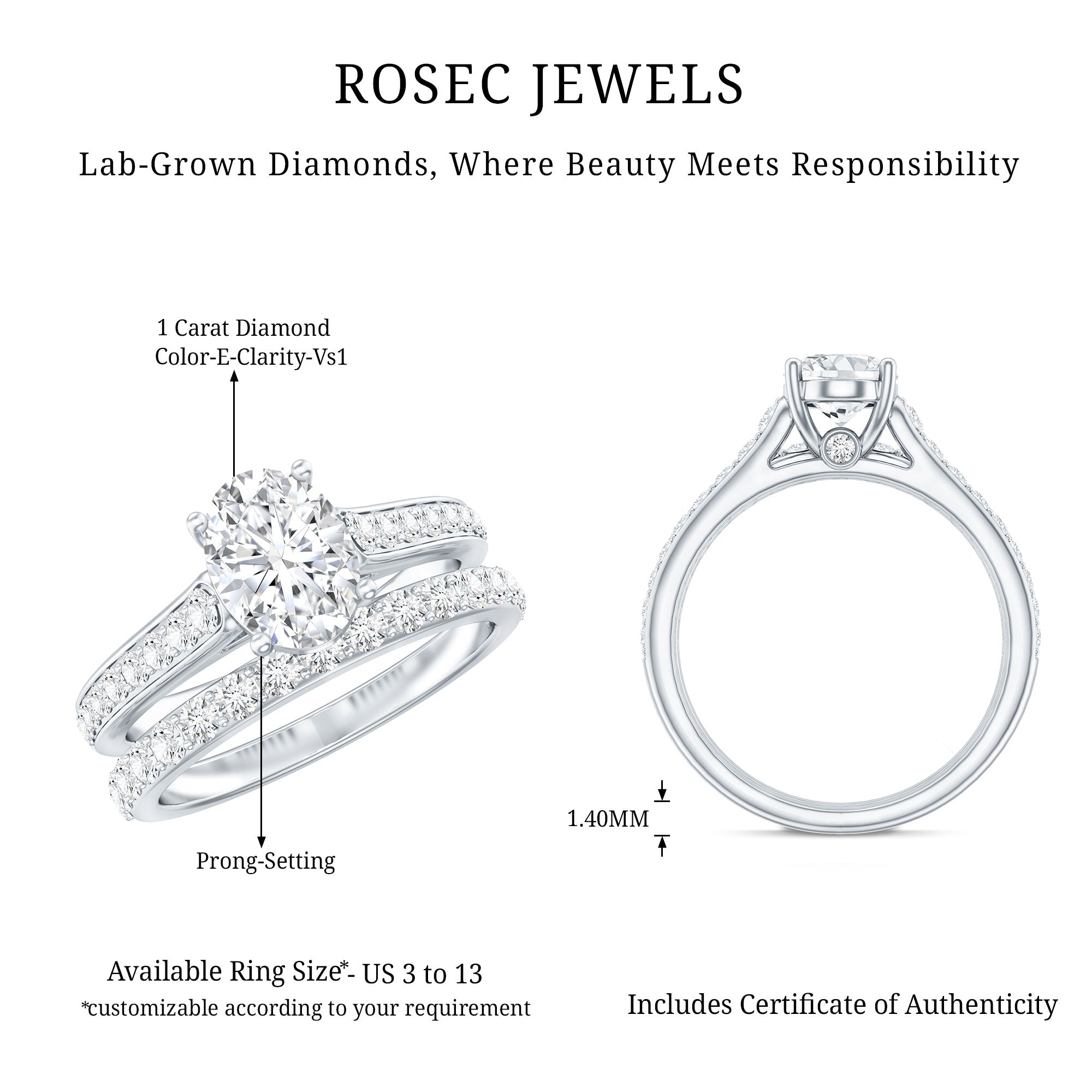 Oval Shaped 1 Carat Lab Grown Diamond Bridal Ring Set with IGI Certificate