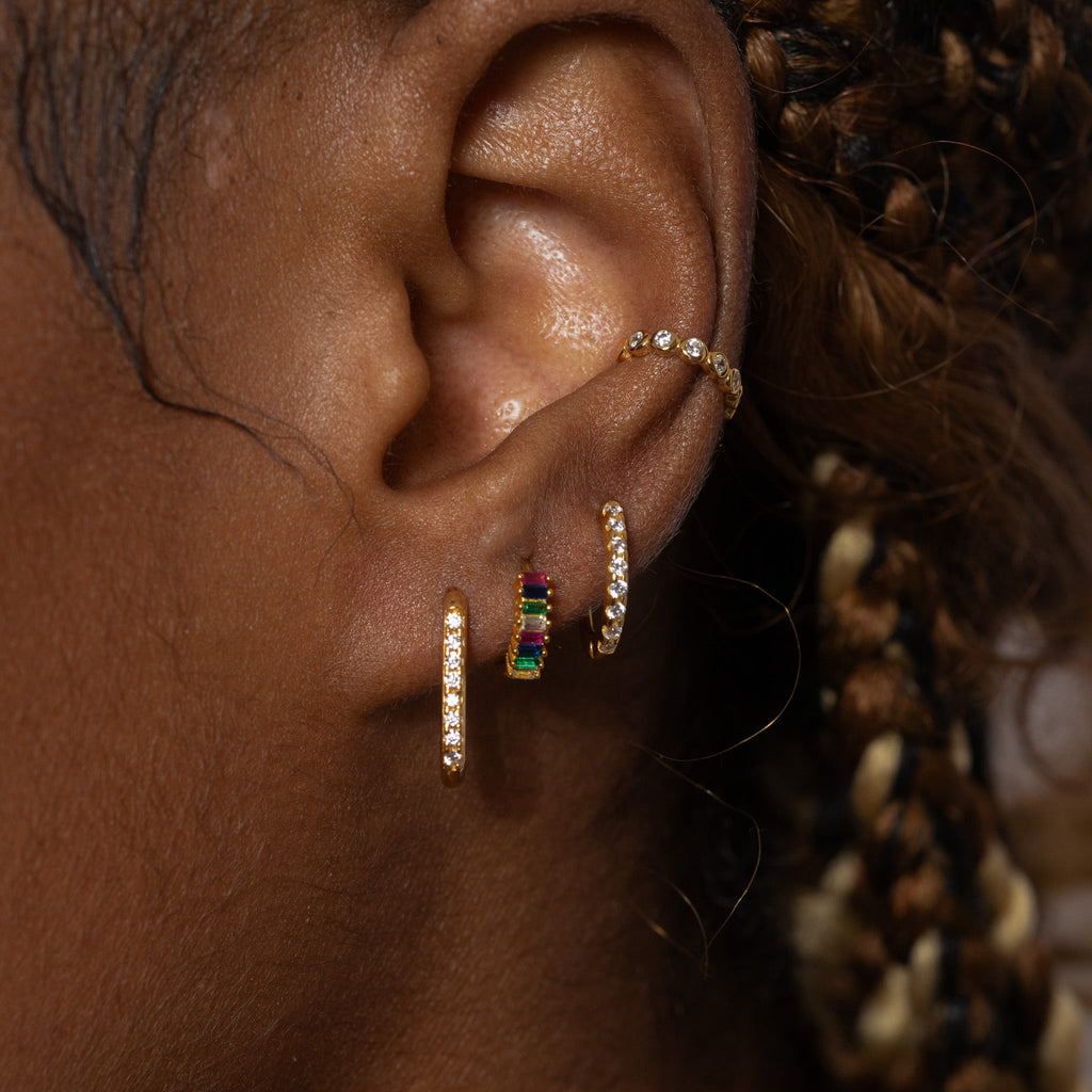 Rainbow Colored Baguette CZ Pave Huggie Hoop Earrings
