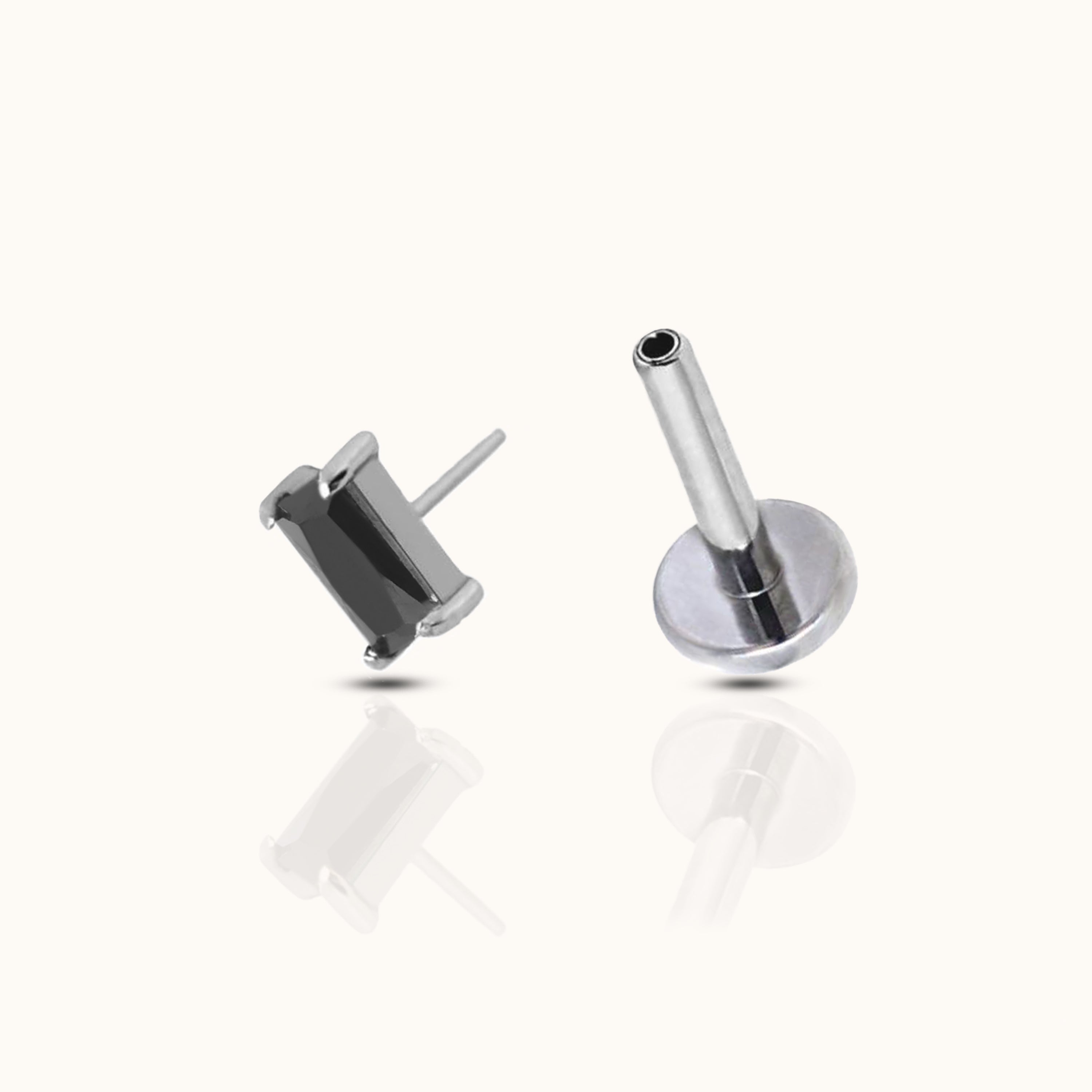 Rectangle Black CZ Threadless Labret Titanium Flat Back Earring