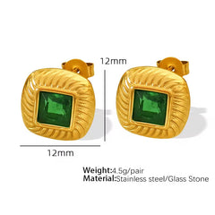 JEWELRY EH156 French Vintage Stainless Steel 18K Gold Plated Glass Stone Square Stud Earrings