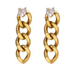 Hot Sale Ip Gold Plating Cubic Zircon Link Chain Pendant Earrings No Fade Stainless Steel Heart Shape Diamond Chain Earrings