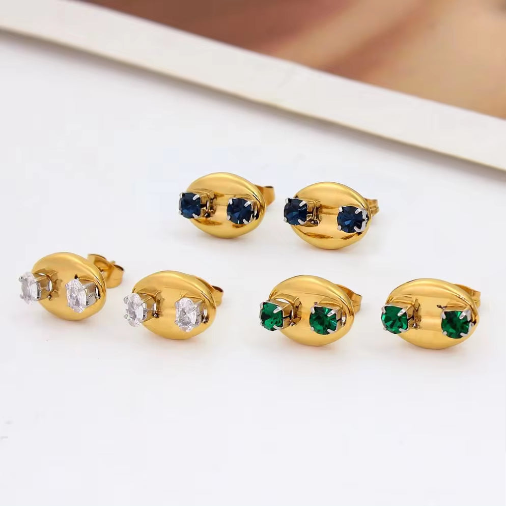 Bling Zircon Inlaid Coffee Bean Ear Studs 18K Gold Plated Stainless Steel Earrings for Women Girls Prevent Allergy
