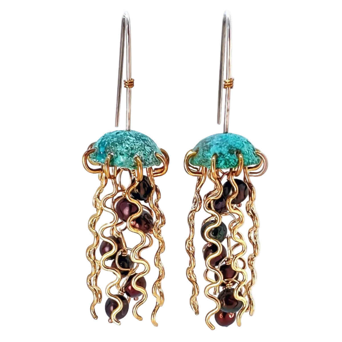 Green Copper Jellyfish Earrings with Dark Pearls and Hypoallergenic Niobium Earwires