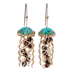 Green Copper Jellyfish Earrings with Dark Pearls and Hypoallergenic Niobium Earwires