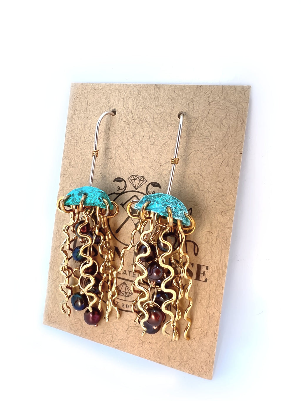 Green Copper Jellyfish Earrings with Dark Pearls and Hypoallergenic Niobium Earwires