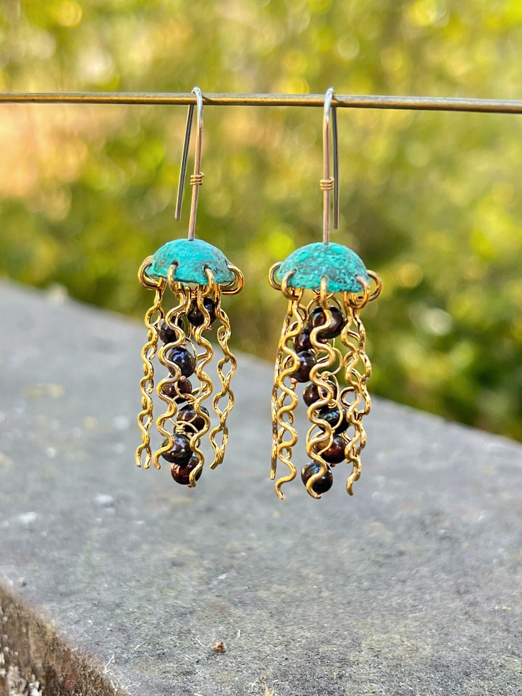 Green Copper Jellyfish Earrings with Dark Pearls and Hypoallergenic Niobium Earwires