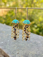 Green Copper Jellyfish Earrings with Dark Pearls and Hypoallergenic Niobium Earwires
