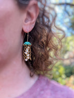 Green Copper Jellyfish Earrings with White Pearls and Hypoallergenic Niobium Earwires
