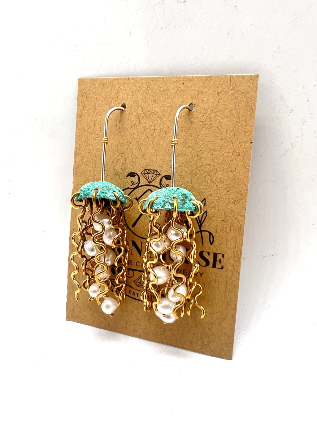 Green Copper Jellyfish Earrings with White Pearls and Hypoallergenic Niobium Earwires