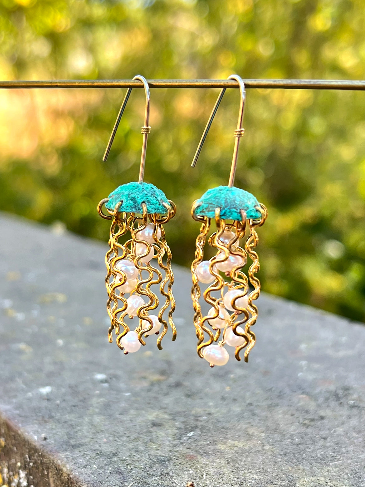 Green Copper Jellyfish Earrings with White Pearls and Hypoallergenic Niobium Earwires