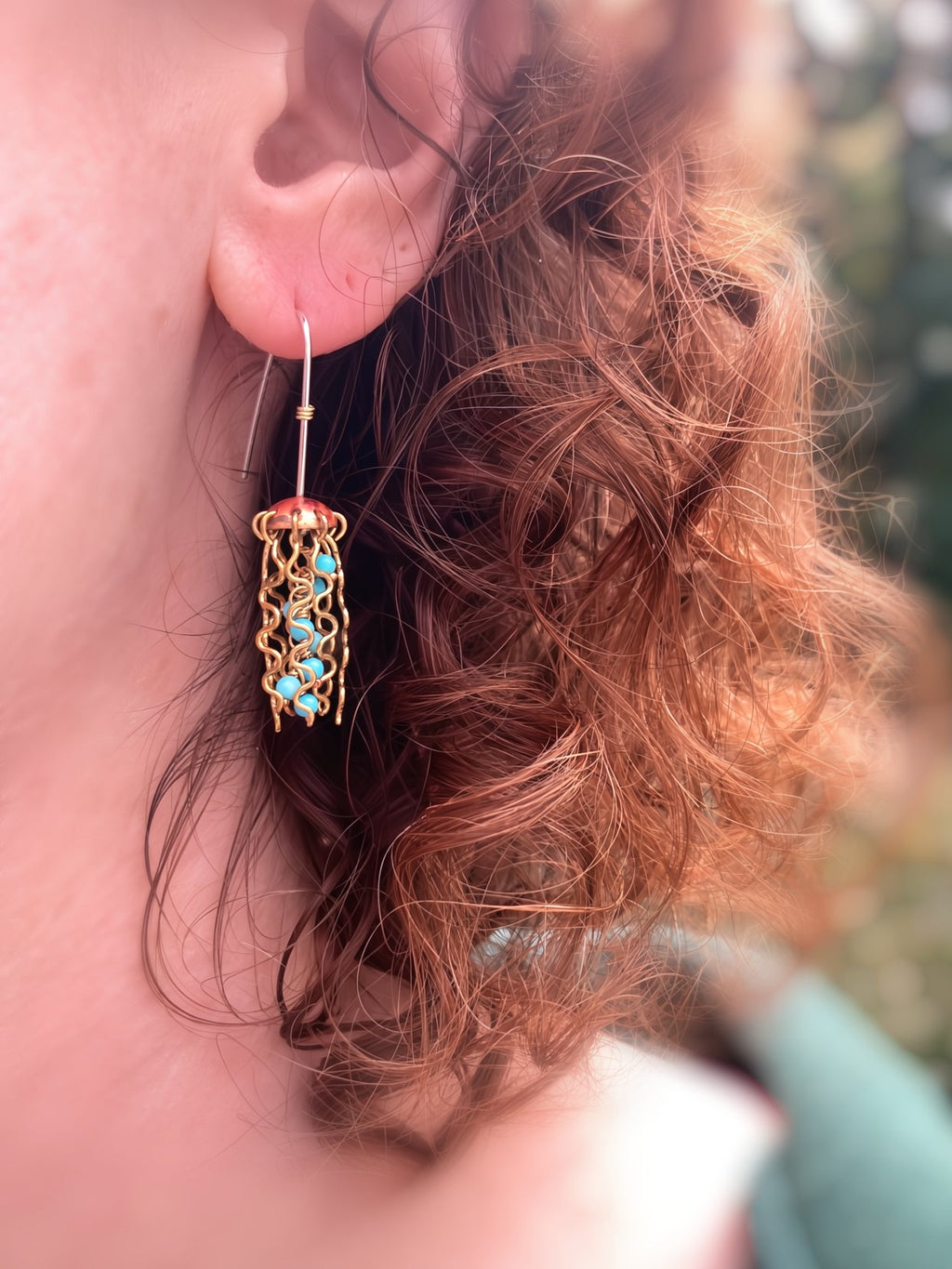 Mini Red Copper Jellyfish Earrings with Turquoise Beads and Hypoallergenic Niobium Earwires