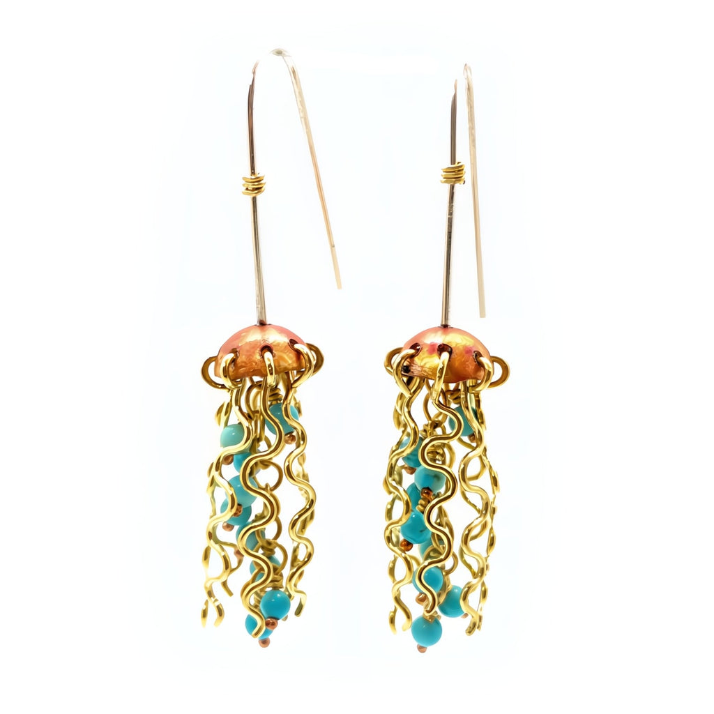 Mini Red Copper Jellyfish Earrings with Turquoise Beads and Hypoallergenic Niobium Earwires