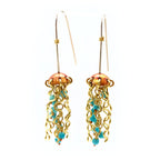 Mini Red Copper Jellyfish Earrings with Turquoise Beads and Hypoallergenic Niobium Earwires