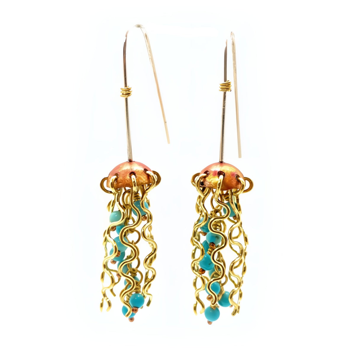 Mini Red Copper Jellyfish Earrings with Turquoise Beads and Hypoallergenic Niobium Earwires