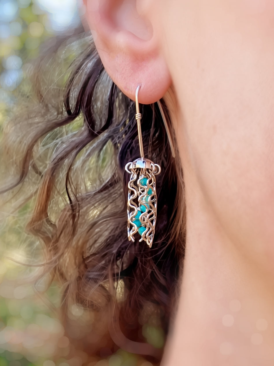 Mini Jellyfish Earrings in Sterling Silver with Turquoise Beads and Hypoallergenic Niobium Earwires
