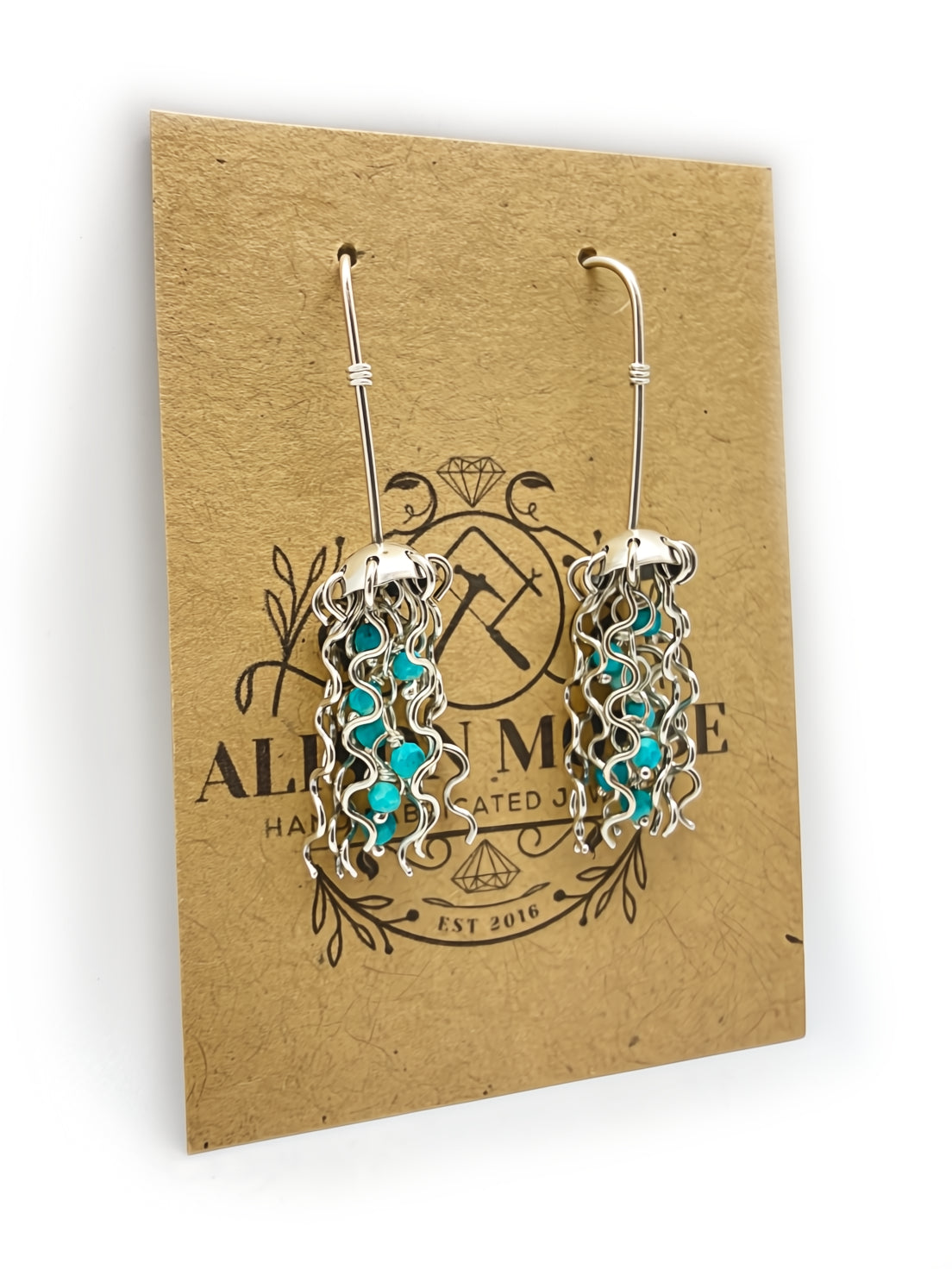 Mini Jellyfish Earrings in Sterling Silver with Turquoise Beads and Hypoallergenic Niobium Earwires
