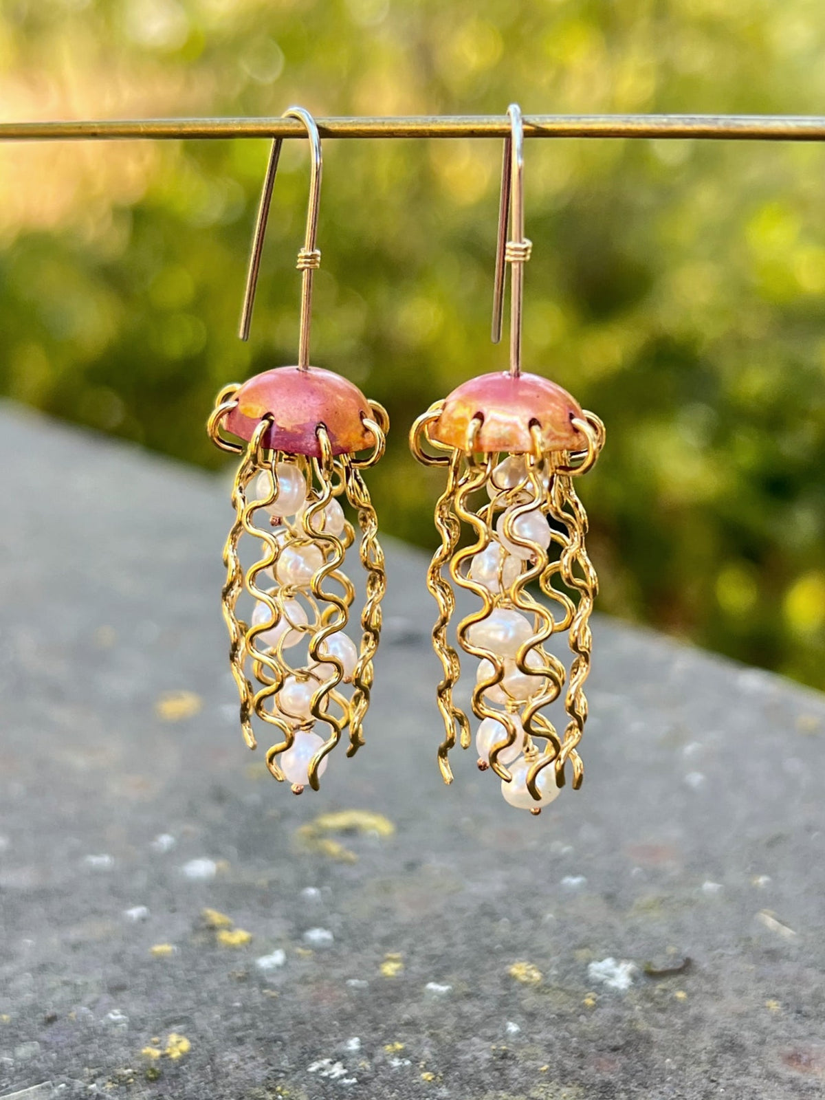 Red Copper Jellyfish Earrings with White Pearls and Hypoallergenic Niobium Earwires