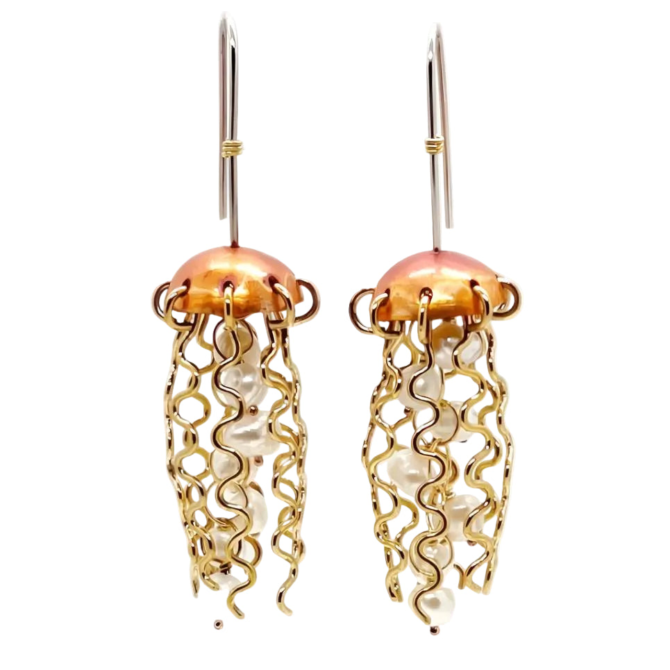 Red Copper Jellyfish Earrings with White Pearls and Hypoallergenic Niobium Earwires